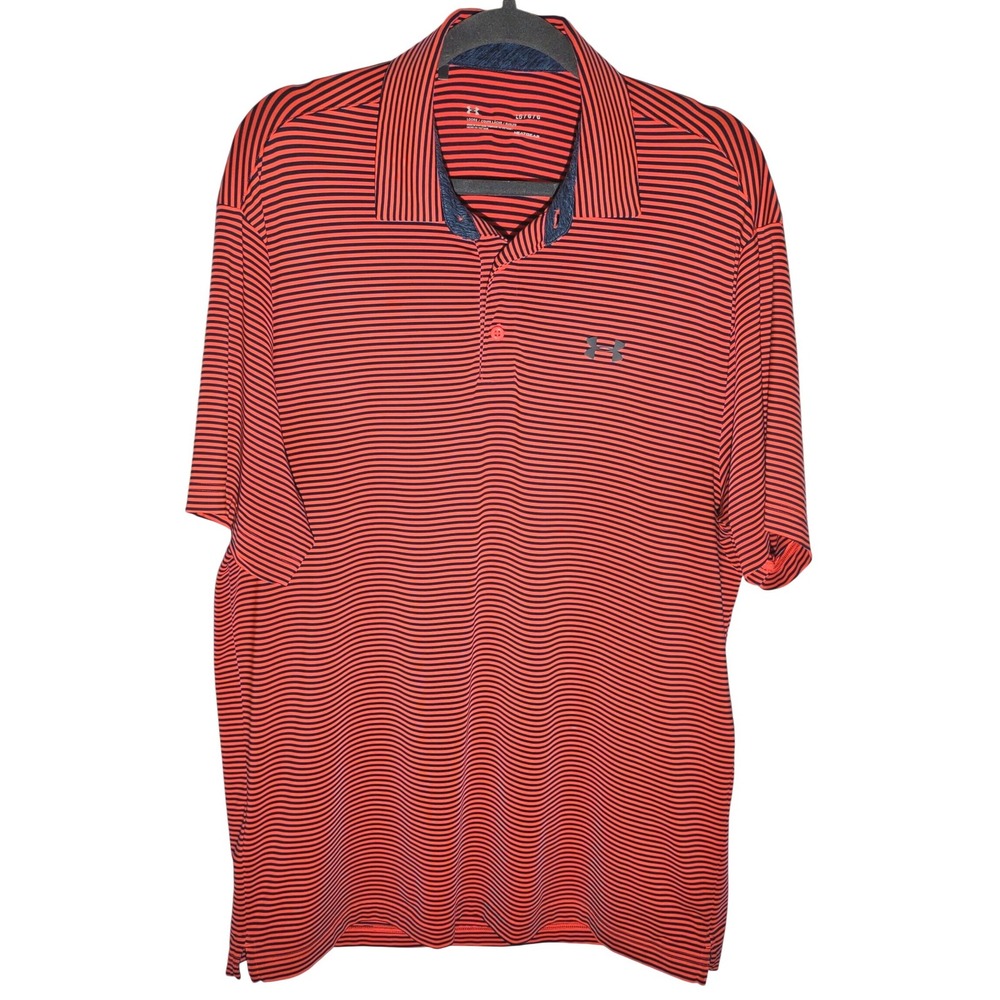 Under Armour Mens HeatGear Striped Polo‎ Shirt Orange Navy Blue Loose Fit Large